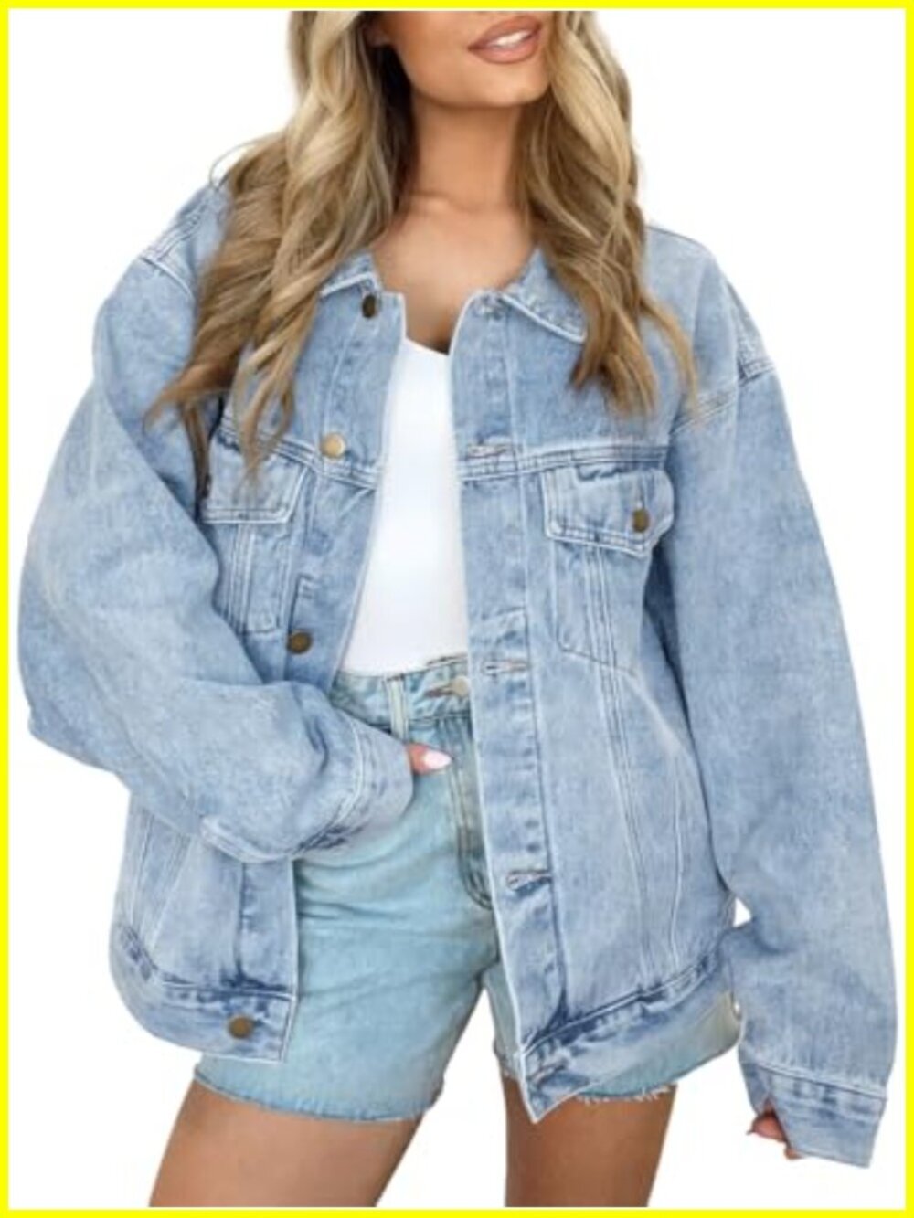 Oversized Boyfriend Denim Jacket with Pockets, Distressed, Button Front